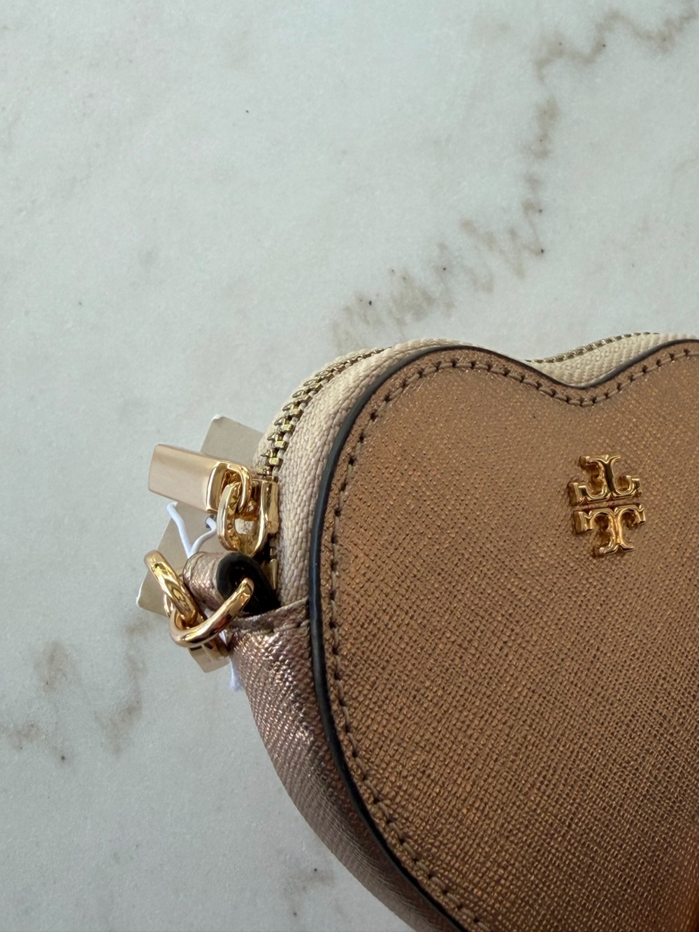Tory Burch Metallic Rose Gold Heart Leather Coin Purse Keychain Charm NWT - Picture 10 of 11